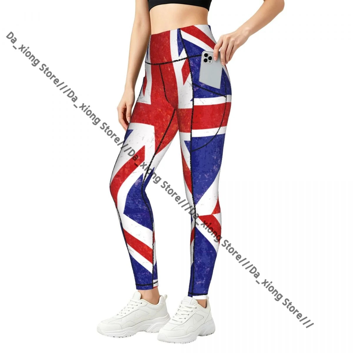 Grunge Union Jack Flag Women Yoga Pants With Pockets Stretch Slim Fitness Leggings