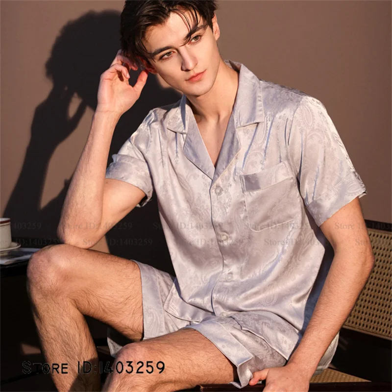 New Men's Pajamas Set Plus Size Satin Sleepwear Pyjama Spring Summer Short Sleeve Pijamas Suits Home Clothes Loose Lounge Wear