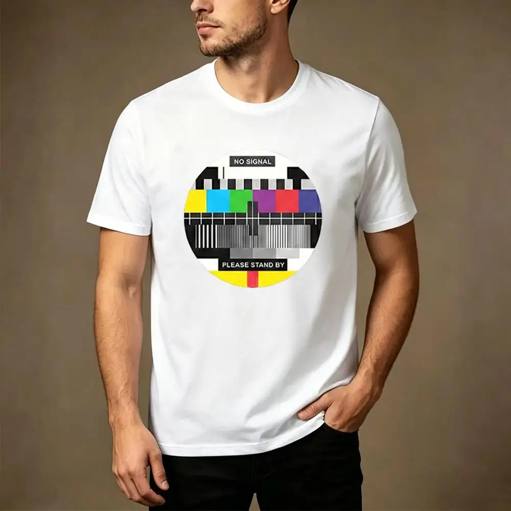 Men's No Signal TV Test Card Print T-shirt Funny Graphic Tees For Daily Wear Retro 90s Style Casual Short Sleeve Streetwear