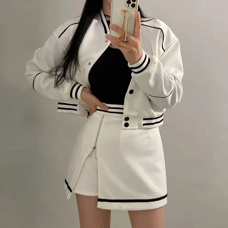 VIPOL Autumn Varsity Jacket + Skirts Sets Women 2023 New Outerwear Two Piece Sets Y2k Jackets and Skirt American Baseball Suit