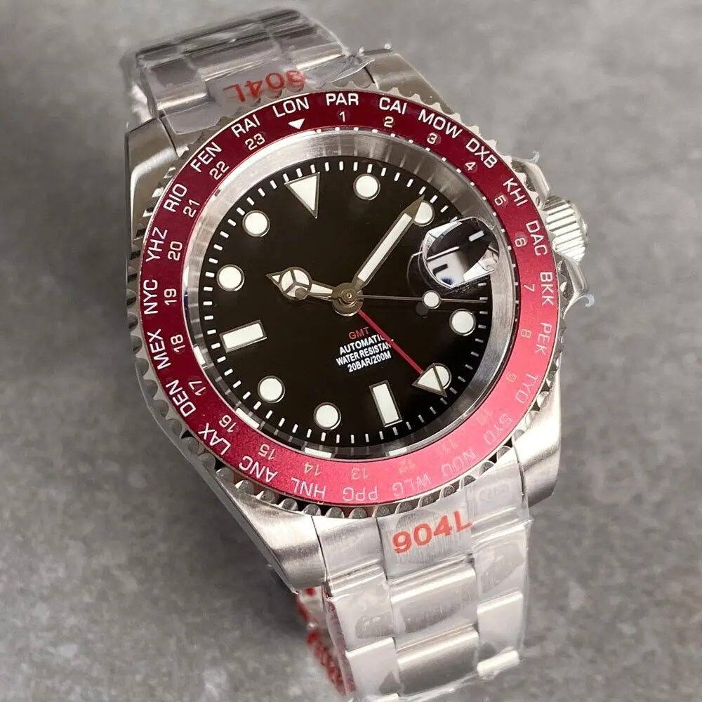 40mm Tandorio Automatic Mens Watch Red Sterile Dial NH34A GMT Date Sapphire