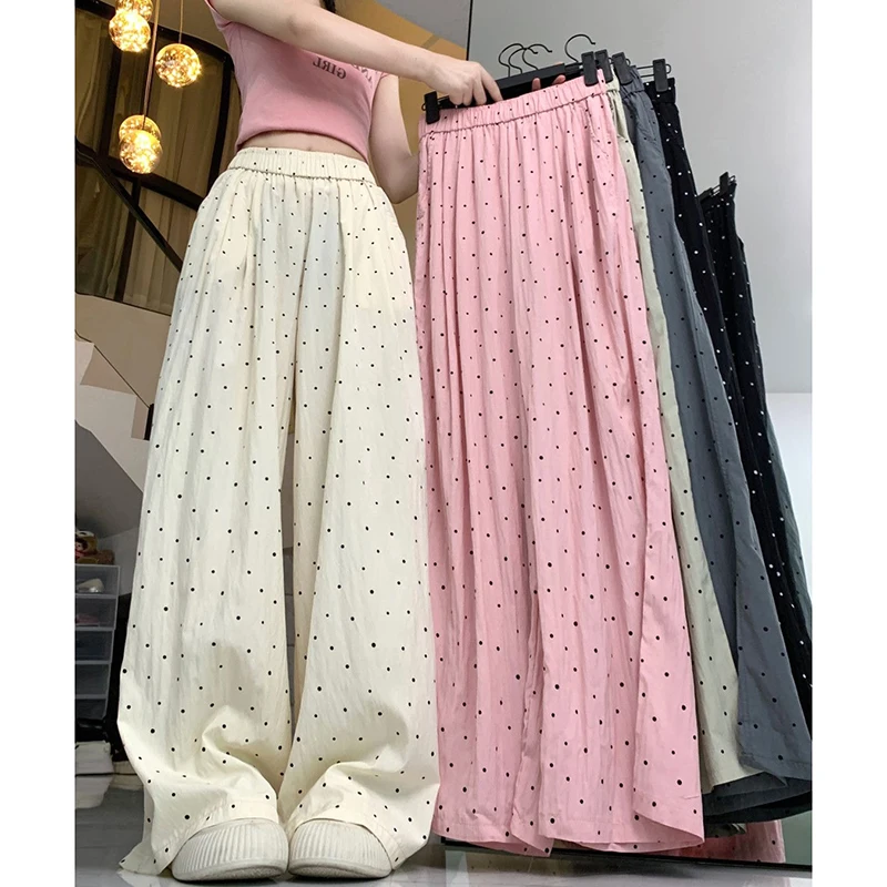 Summer Women Daily Thin Casual Pants Girls Comfortable Baggy Wide Leg Trousers Lady High Waisted Apricot Black Loose Dots Slacks