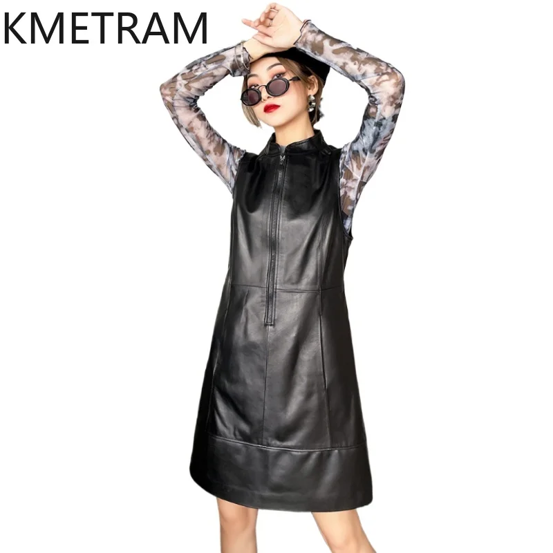 100% Top Layer Sheepskin Dresses Woman Fashion Black Real Leather sleeveless Dress New in Outerwears Autumn Clothes 2025 Women