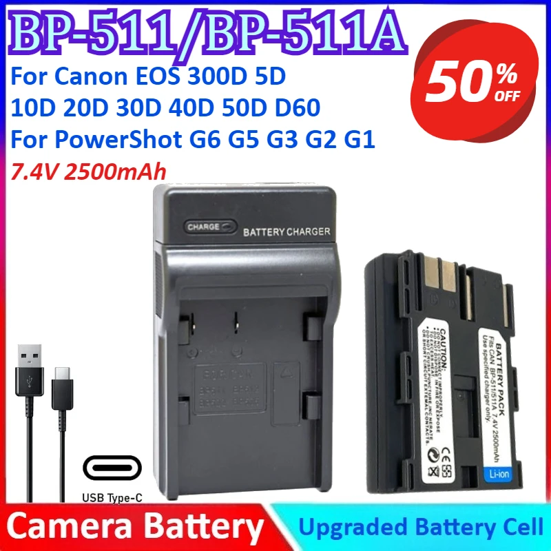 

BP-511/BP-511A 7.4V 2500mAh Camera Battery+Charger For Canon EOS 300D 5D 10D 20D 30D 40D 50D D60 PowerShot G6 G5 G3 G2 G1
