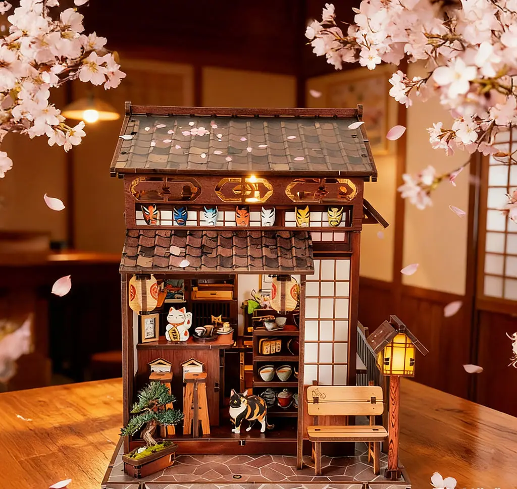 مجموعة أدوات منزل الشاي الياباني ساكورا وصلت حديثًا - لغز مشهد خشبي مصغر، لعبة بناء مصنوعة يدويًا وهدية إبداعية #1