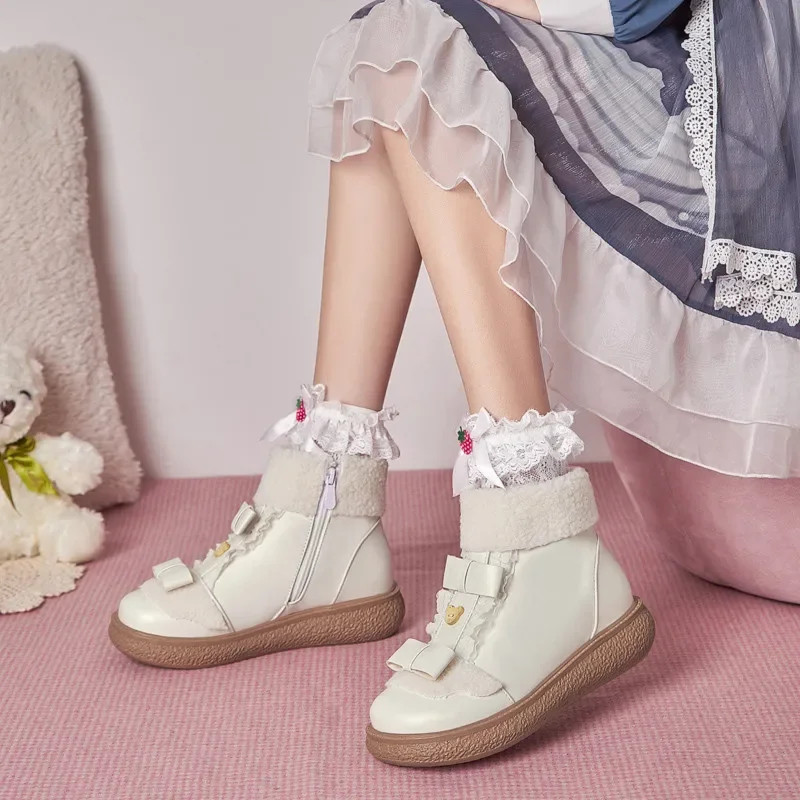 

YQBTDL 2025 Beige Apricot Pink Shorty Botas for Women Lolita Shoes JK Cosplay Sweety Kawaii Princess Fur Ankle Boots Winter