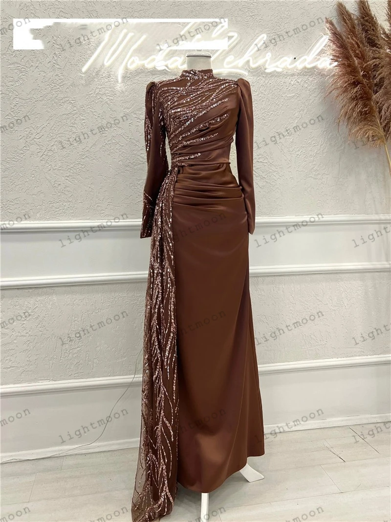 Gaun malam sederhana gaun Prom Satin gaun payet applique jubah panjang lantai untuk pesta Formal lengan penuh 2024 Vestidos De Gala