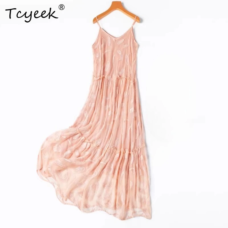 

Tcyeek 100% Real Mulberry Silk Slip Dress for Women 2026 Summer Embroidered Beach Dresses Clothes for Ladies Vestidos De Mujer