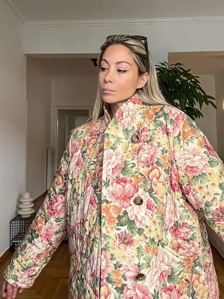 Chaqueta de algodón con estampado de botones para mujer, abrigo holgado de manga larga con cuello levantado, ropa de calle para otoño, 2024