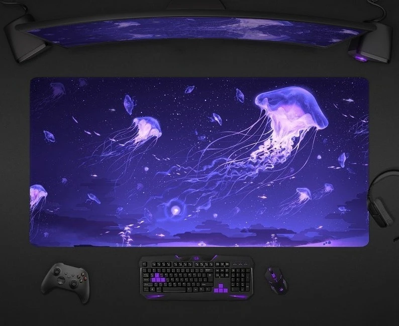 

Jellyfish Desk Mat Anime Aesthetic Mouse Pad Space Ocean Purple XXL Large Gaming Deskmat Rgb Led Light Glow Big Long Mousepad