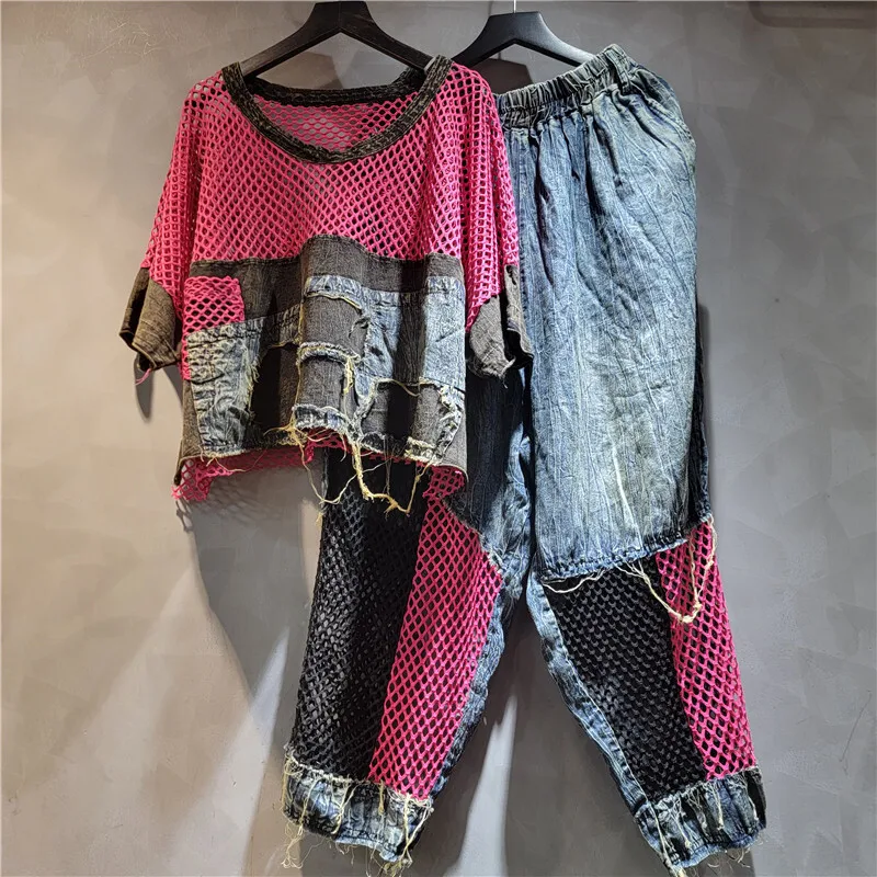 WTHT موضة المرأة تقسم شبكة الدنيم قصيرة الأكمام تي شيرت 2025 الصيف العصرية الجديدة مرونة الخصر السراويل فضفاضة الإناث 1LS2026