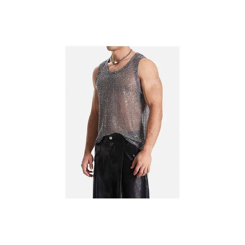 Men's Summer Glitter Hollow out Mesh T-Shirt Nightclub Heavy Work Standard Fit A-Line Narrow Shoulder Strap Vest Cotton 100%