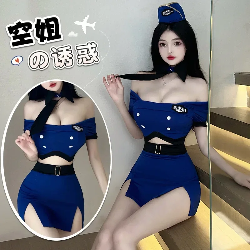 Sexy Dessous Stewardess Cosplay Kleidung heißen Flug begleiter Uniform Versuchung Kostüme Frauen Hut Top Krawatte Hüfte Wickel Rock Anzug