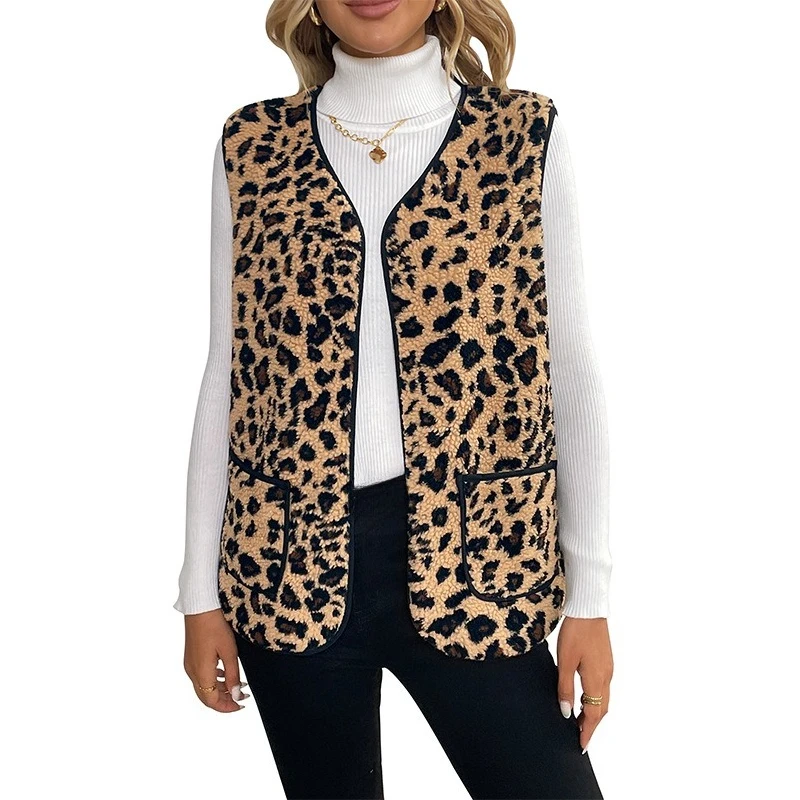 V-neck Sleeveless Vest Leopard Print Women's Cardigan Jacket in Autumn and Winter of 2025