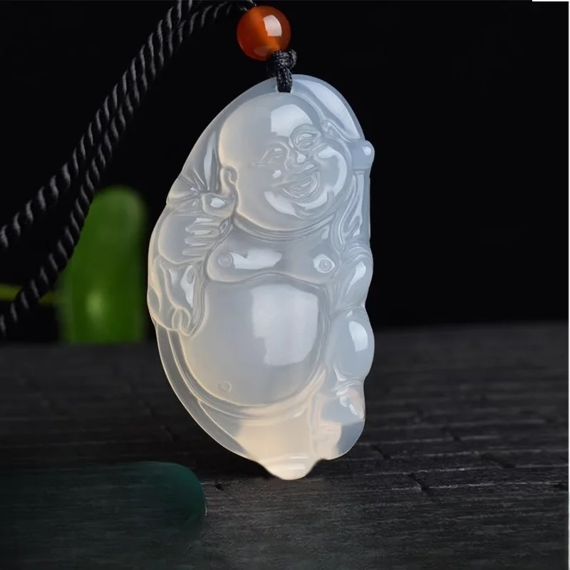 

Natural Ice White Agate Chalcedony Laughing Buddha Couple Jade Pendant