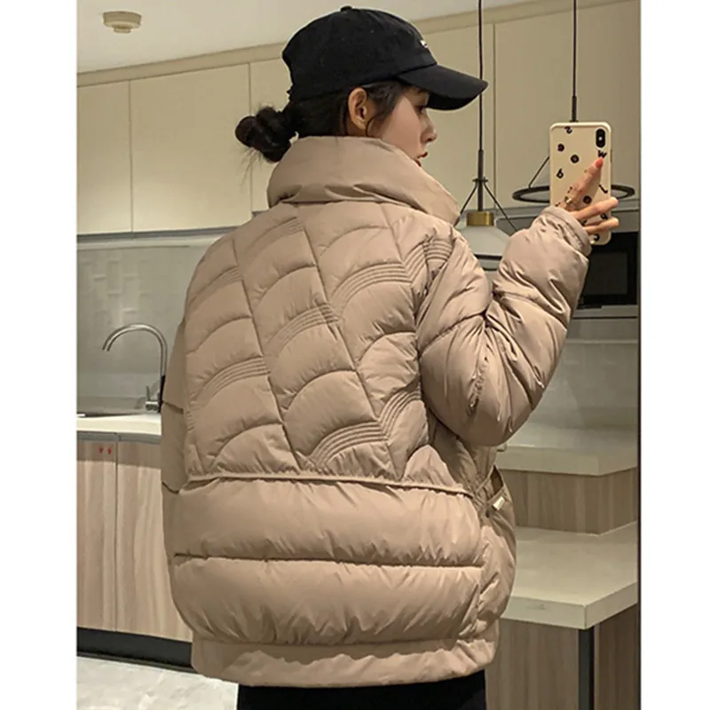 UHYTGF 2024 New Autumn Winter Women Parkas Jackets Casual Thick Warm Coat Female Outwear Big Pocket Rhombic Down Coat Parka 1051