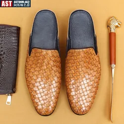 Mens Slippers Genuine Leather Sandals Slip on Flats Mules Shoes Casual Men Half Slipper Comfortable Soft Business Leather Sandal