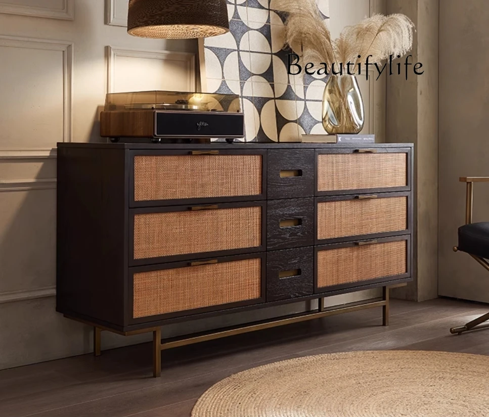 Solid Wood Simplicity Rattan Chest of Drawers Chinese Ancient Style Retro Distressed Ash Wood Nordic Hallway Side Cabinet