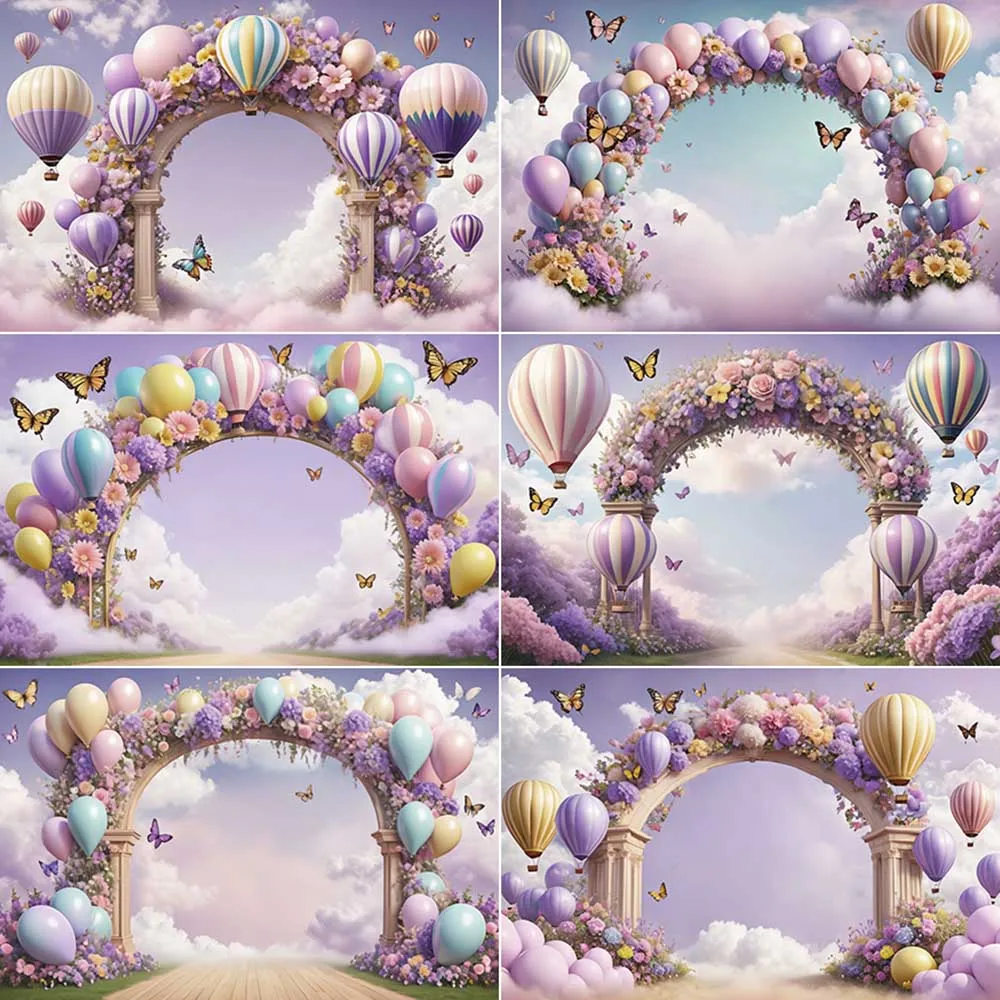 

MOON.QG Purple Birthday Background Flower Hot Air Balloons Arch Backdrop Children Party Photo Studio Back Drop for Photography