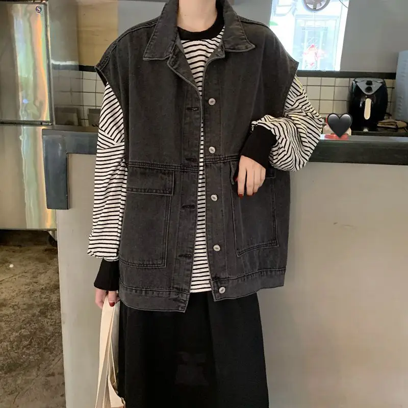 Veste en jean sans manches pour femme, gilet cargo, gilet ample, vêtements d'extérieur, vent de Hong Kong, printemps et automne, début d'automne, ins