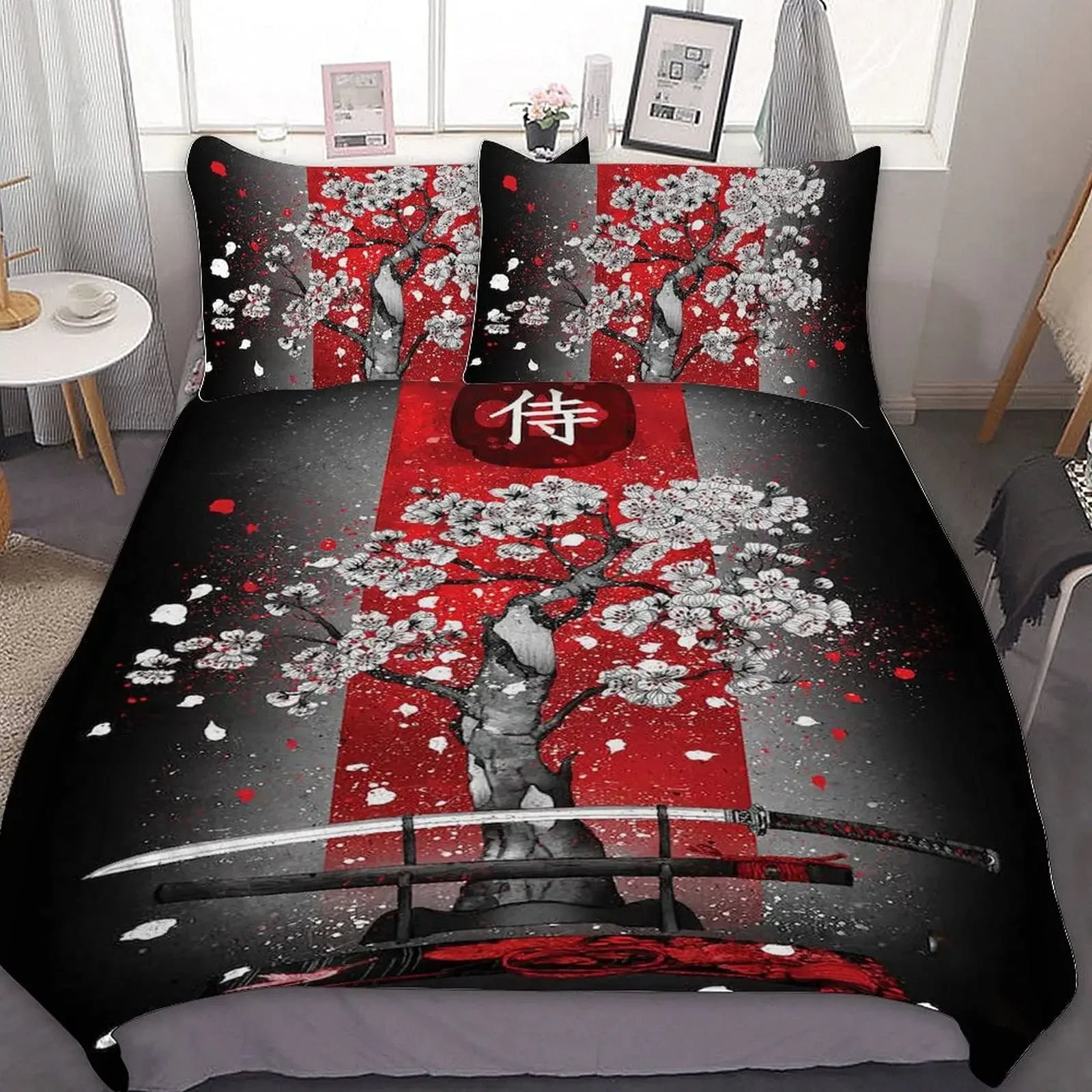 Japanese Black White Ink Style Samurai Sword Red Sakura 3D Duvet Cover Set Queen Size Bushido Culture Bedding Set Comforter Set