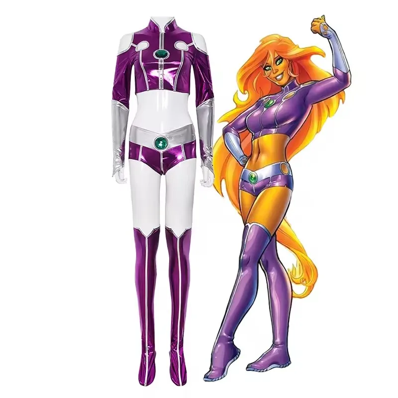 ティーン・タイタン-スターファイア-セクシー-スパンデックス-ゼンタイスーツ-パープル-女性-ハロウィン-コスプレ-コスチューム-セクシー-パープル-ボディスーツ