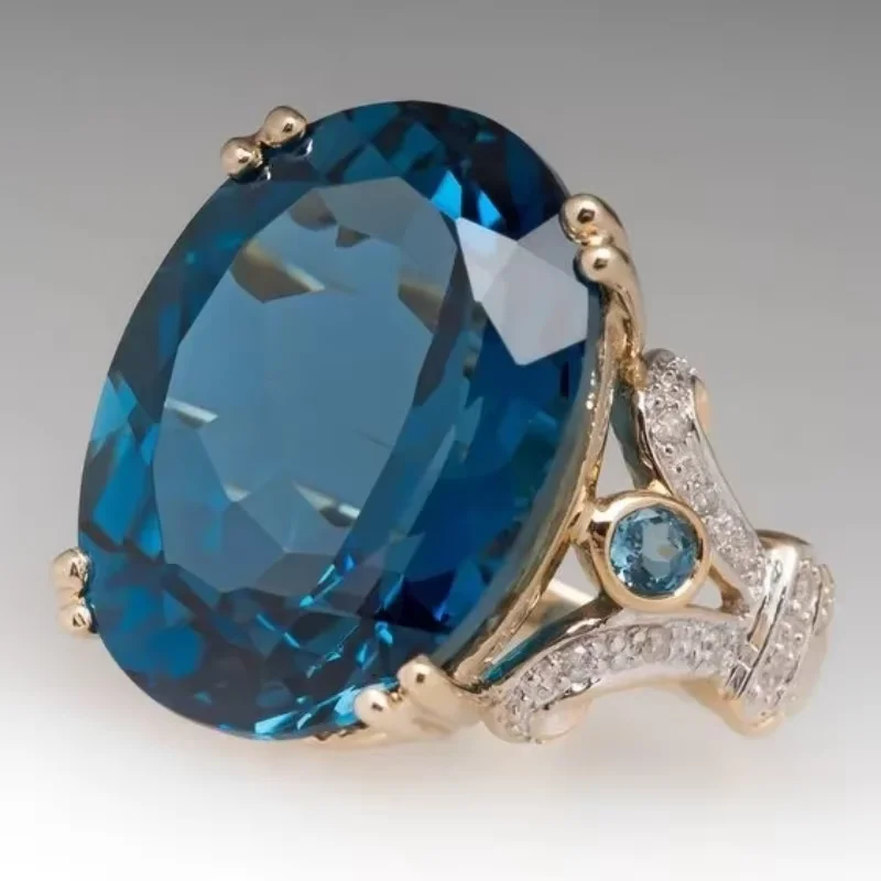 Exquisite Oval Inlaid Blue Rings Luxurious Gold Color Party Engagement Wedding Rings for Women Fashion Jewelry