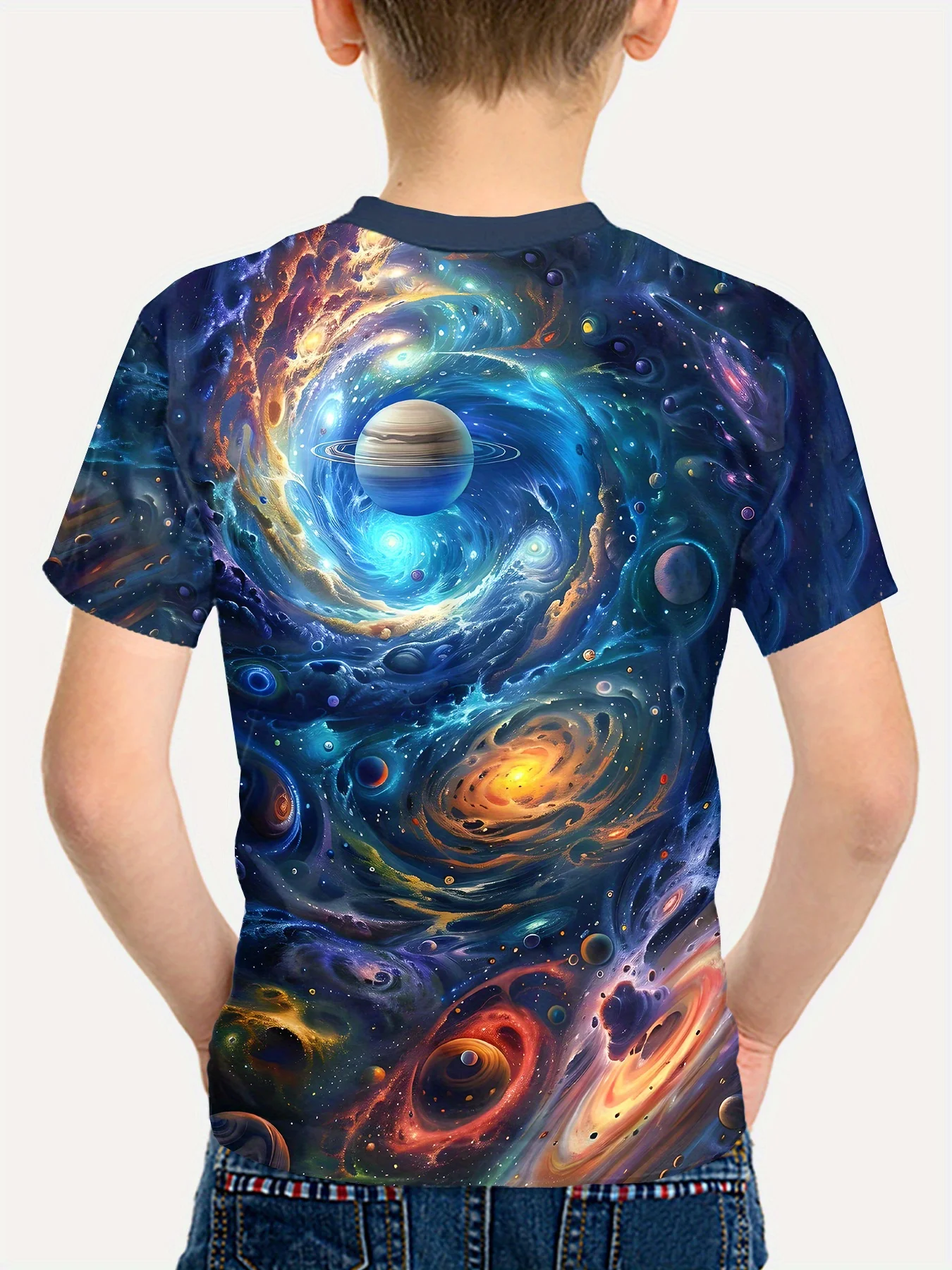 Children Cosmic Nebula Space Planet Short Sleeve T-Shirt, Boys Casual Crew Neck Top, Cool Astronomy Apparel
