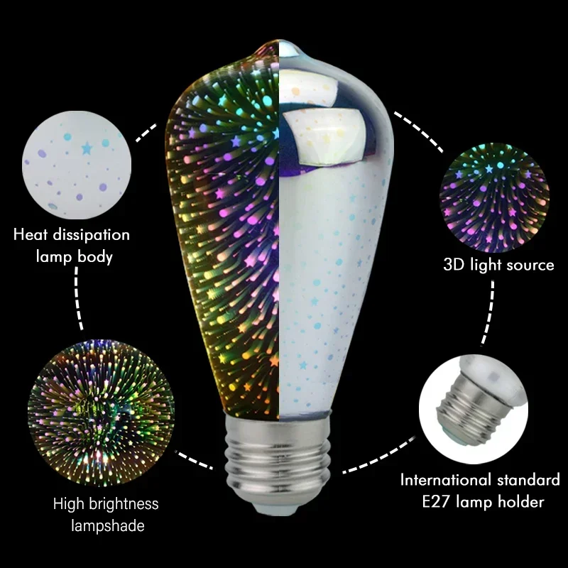 LED Edison 3D Colorful Light Bulb E27 110V 220V Vintage Fireworks Decoration Bulb ST64 G95 G80 A60 Ampoule Led Lamp Lighting