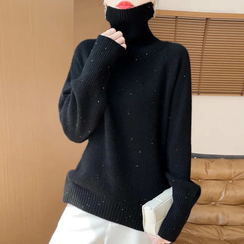 Women's High Neck Wool Sweater AutumnWinter New Long Sleeved Solid Color Leisure Pullover Knitted Top100%Merino Pure Wool Jumper