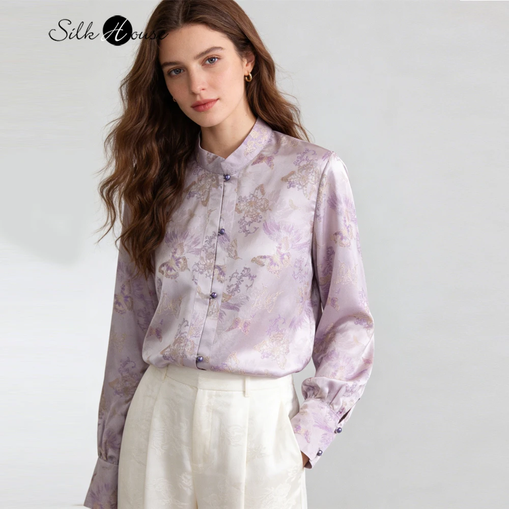 

2026 Women's Fashion Spring Clothing 100% Natural Mulberry Silk Jacquard Satin Stand up Collar Lantern Sleeve Printed Shirt