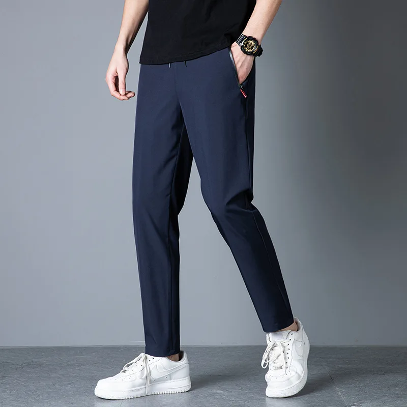

Men's Summer Ice Silk Qui Dry Straight Leg Elastic Breathable Nine Points Loose Sports Casual Pants Comfortable Fit Trousers