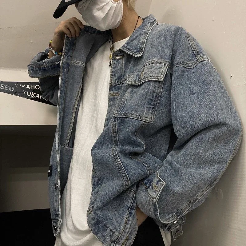 

Retro Waed Patchwork Design Men's Denim Jaet Casual Loose Street Sle Workwear Jaet Ins Sle Cotton Polyester Blend