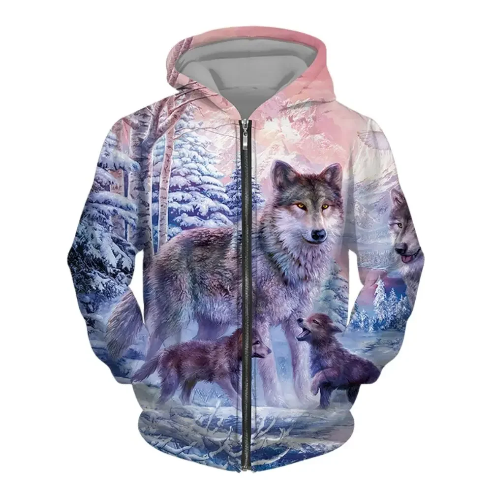 Spring and Autumn Wolf print 3D printed zipper hoodie men\'s and women\'s fashion casual sweater street Harajuku loose jacket