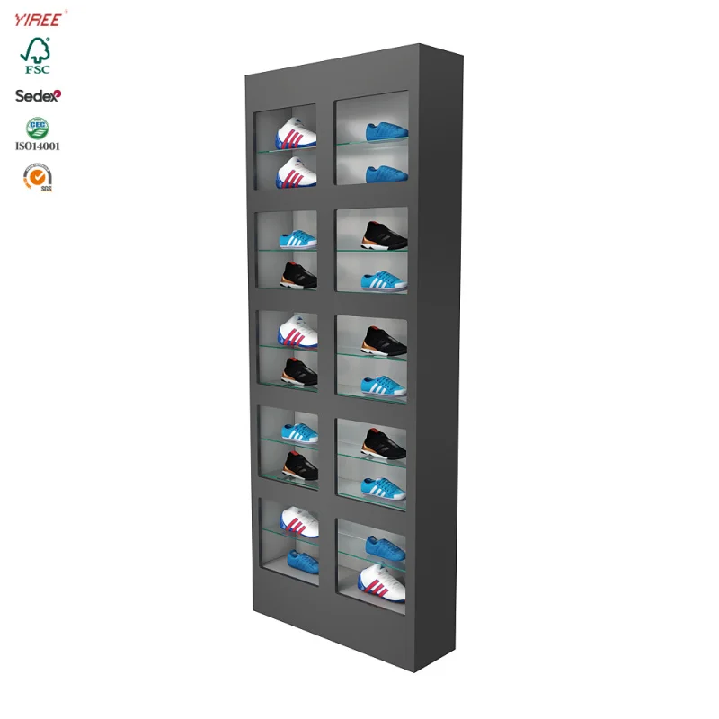 

Custom. yiree footwear shop fittings wooden fireproof board glass wall mounted shoe cabinet storage organizer
