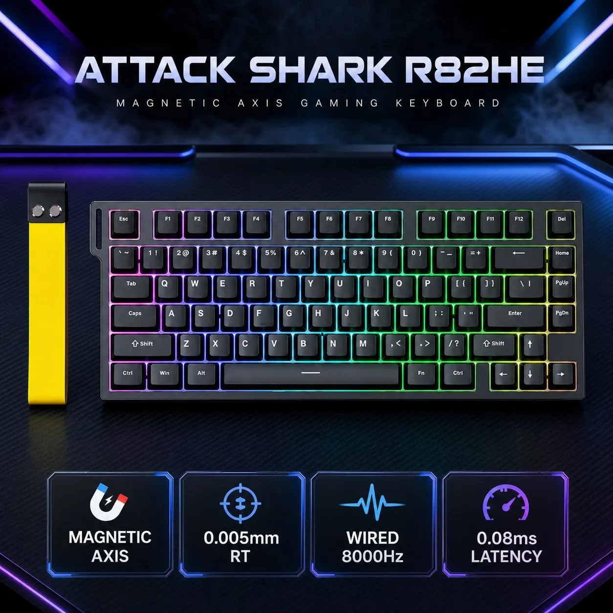 ATTACK SHARK R82HE Keyboard, Wired Connection, 8000Hz Polling rate, 0.005mm Rapid Trigger adjustment, PBT Keycaps, RGB Lighting