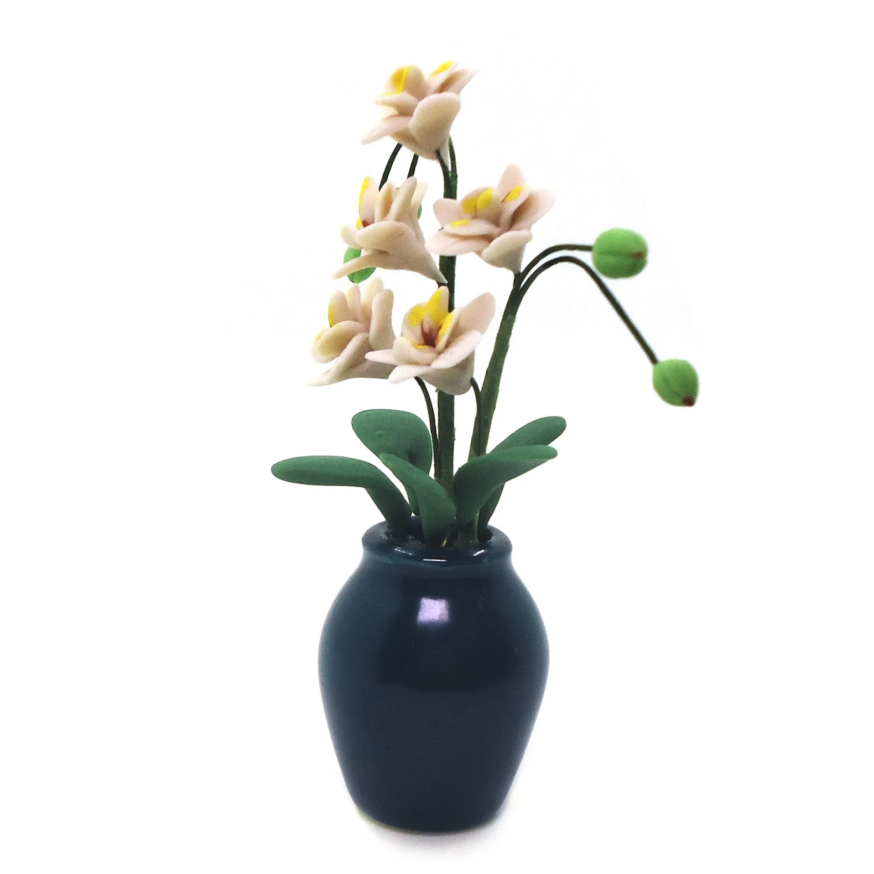 1/12 Mini Clay Magnolia Potted Plants Simulation White Phalaenopsis Flower Model for Doll House Decoration