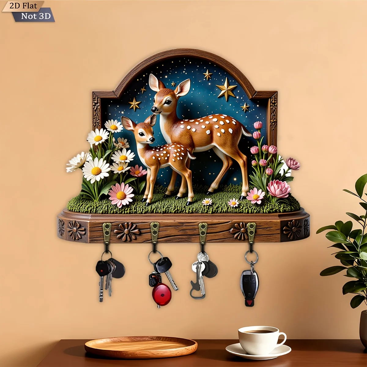 2D Flach, 1 Stück, Hirsch-Sternenhimmel-Blumen-Bordüren-Themen-Schlüsselhaken, Multifunktionaler Holz-Schlüsselhalter für Zuhause, mit Vier Metallhaken