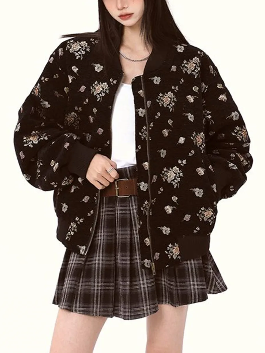 Vintage Floral Baseball Jacket For Women Girls Loose Sweatshirt Long Sleeve Zipper Casual Cropped Coat Spring Autumn Outerwear