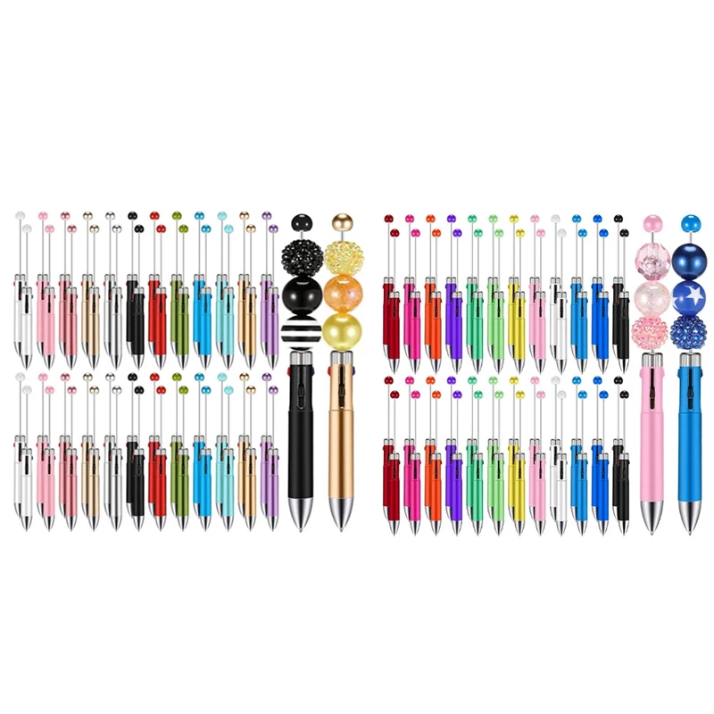 50Pc Plastic Beaded Pens Bulk Multicolor Cute 1.0Mm Beaded Pens 4-In-1 Beaded Ballpoint Pens Making Graduation Supplies