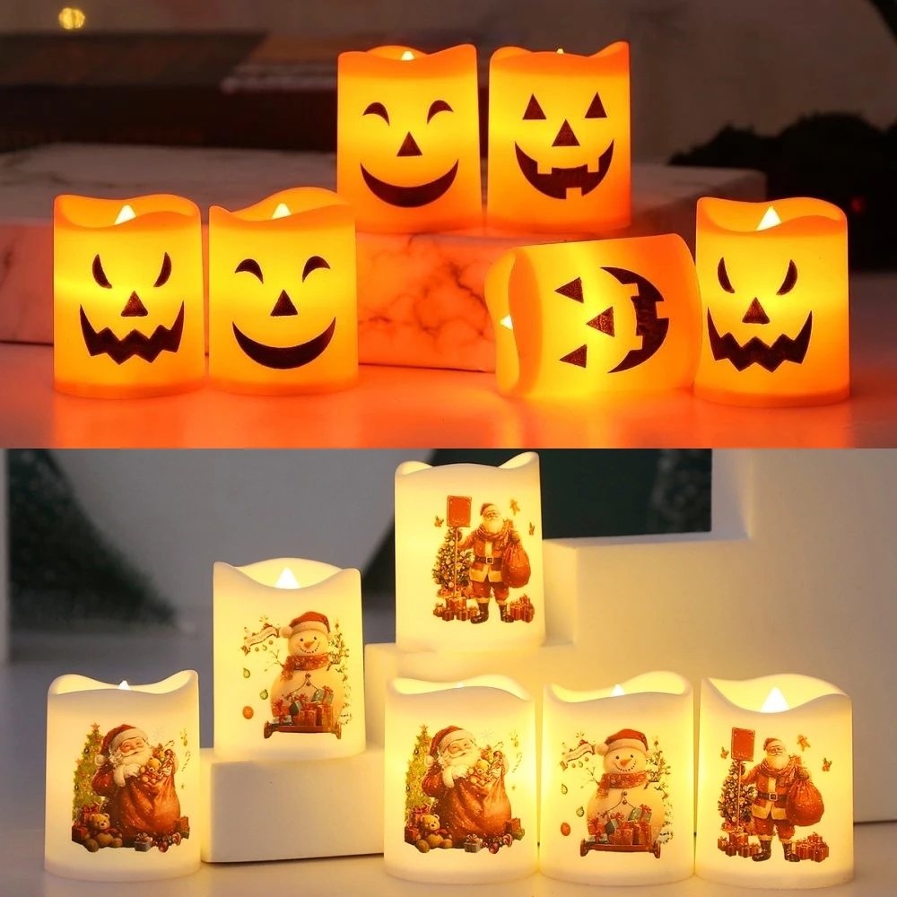 

6Pcs LED Candle Light Battery Powered Xmas Halloween Party Electronic Candle Lights Warm Pumpkin Skull Ghost Santa Claus Lamp