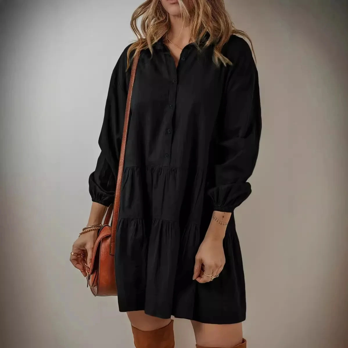 2024 New Fashion Women Mini Dress Casual Loose Button Long Sleeve Ruffles Patchwork Dress Elegant Autumn Solid Short Dresses