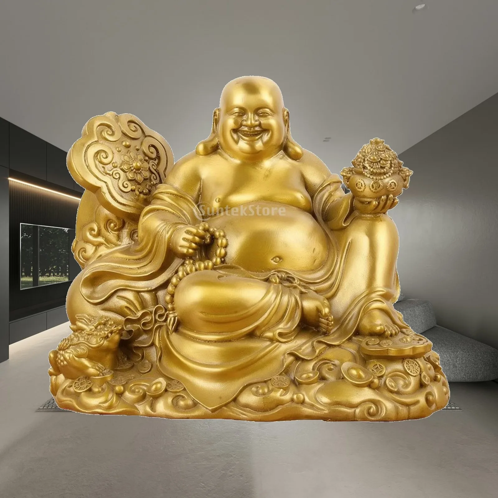 Maitreya Buddha Figurine Brass Statue for Indoor Display Laughing Buddha with Cascading Robes and Prayer Beads for Entryway