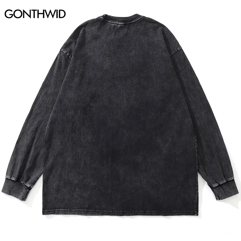 Long Sleeve T-Shirt Streetwear Men Solid Color Plain Casual Cotton Wash Distressed Tee Shirts Harajuku Fashion Loose Tshirt Tops