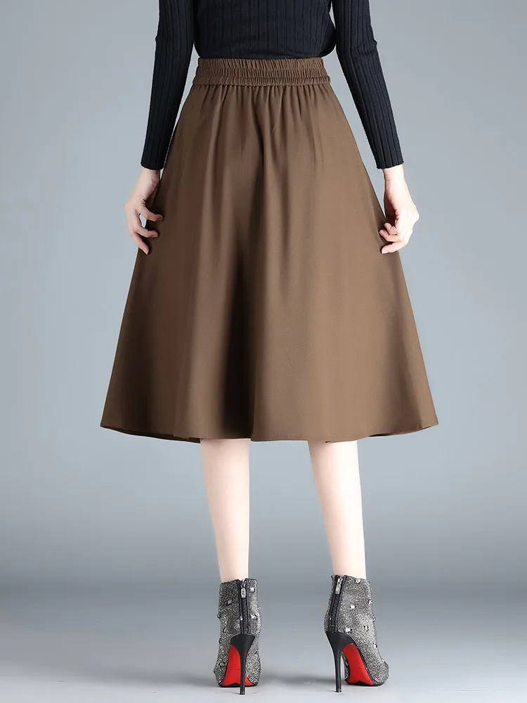 Fall Winter Women's Pleated Elastic Waist Skirts Sexy Big Hem S M L XL XXL XXXL Size Female Black Brown Mid Long Pockets Skirt