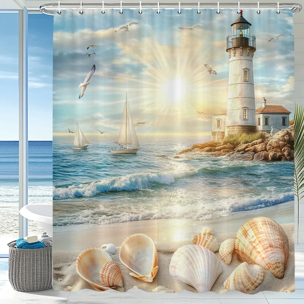 Blue Ocean Beach Seaside lighthouse view Shower Curtain, Bathroom Decorative Shower Curtains, Home Curtain with Hooks
