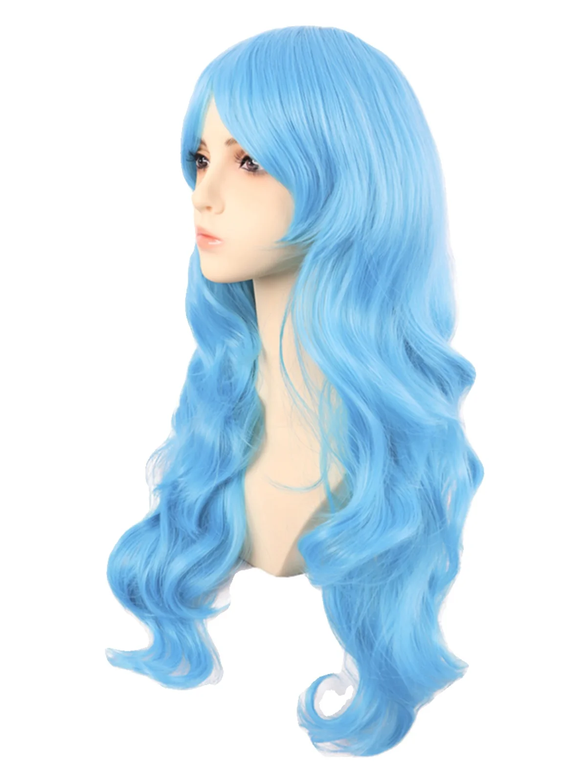 Cos Wig Female Long Hair Anime Big Wave Curly 70cm Light Blue Sky Qi Side Bangs Headgear