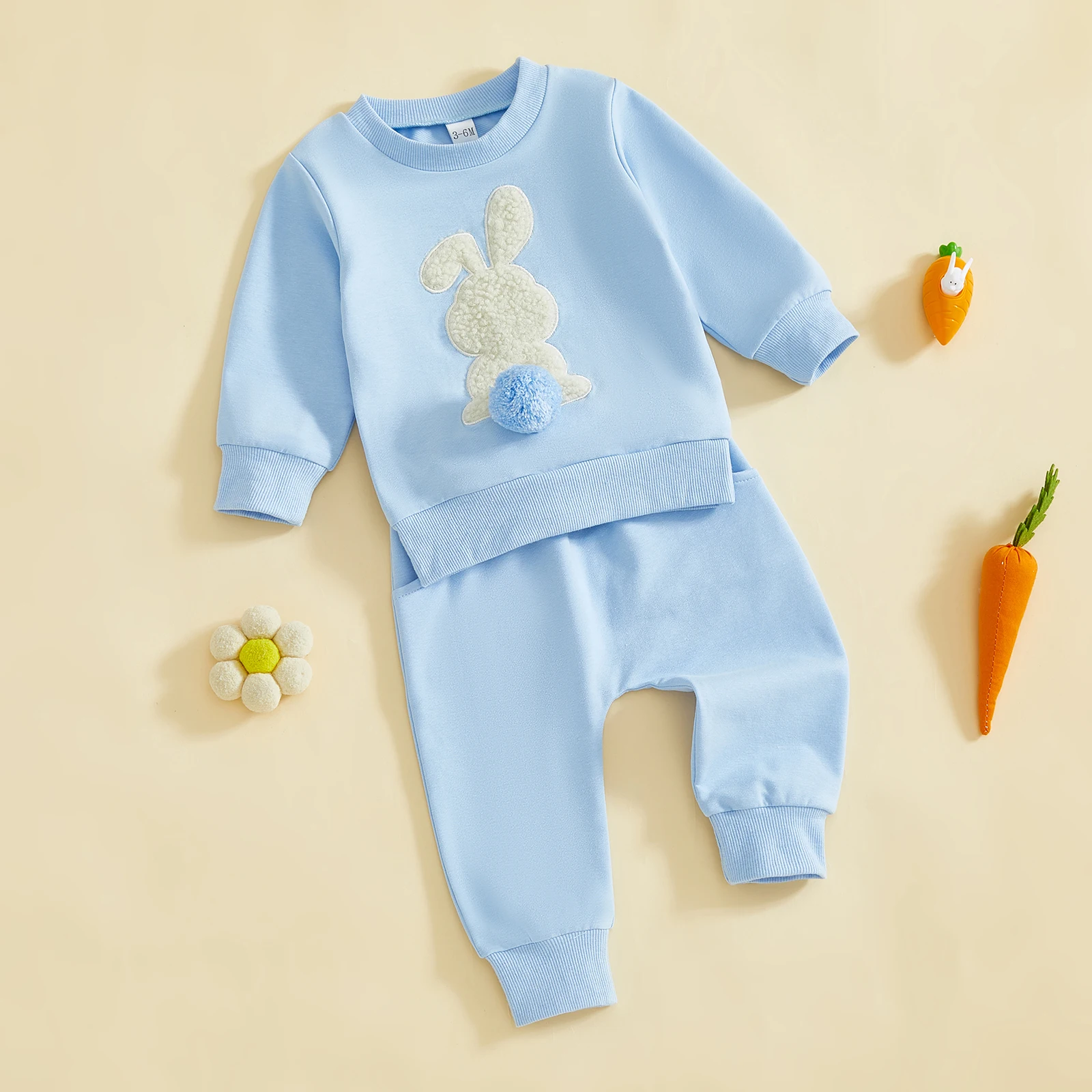 

Первый пасхальный наряд для маленьких мальчиков и девочек, пуловер с длинными рукавами и вышивкой кролика, толстовка + длинные штаны, комплект осенне-зимней одежды