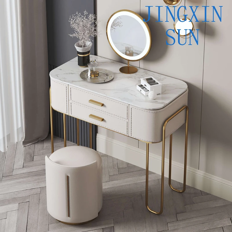 2021 Modern Design Antique Marble Top Thin Iron Legs 2 Drawers White Vanity Table Bedroom Set With Dresser