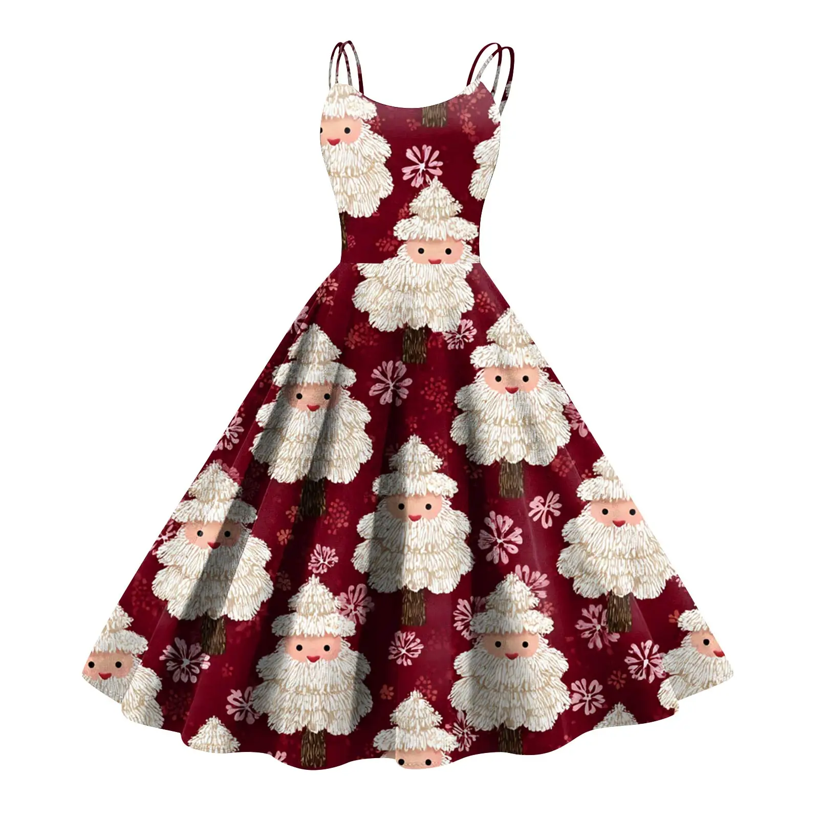ชุดเดรสกระโปรงคริสต์มาสของผู้หญิงซานตาคลอสพิมพ์ลายกระโปรงสวิงขนาดใหญ่ดีไซน์หวานน่ารักสวมใส่วันหยุดฉากปาร์ตี้ฤดูใบไม้ร่วง